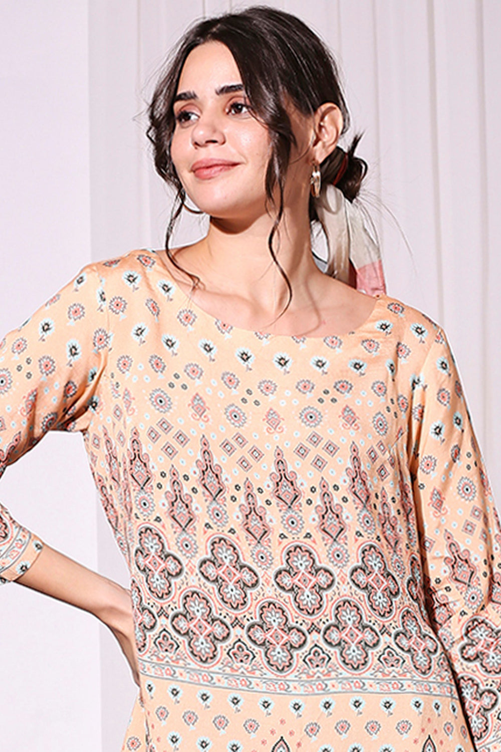 Ethnic Pastel Printed Asyemmetrical Top Paired With Pants