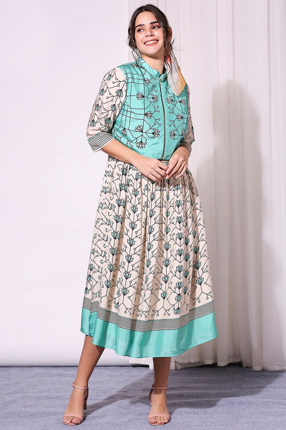 Sea Green Summer Floral Printed Dress And Jacket