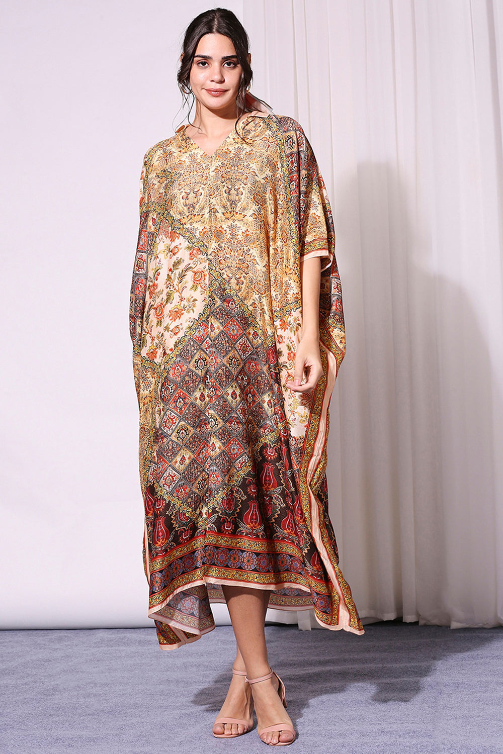 Golden Applique Printed Silk Kaftan Dress | Sougat Paul