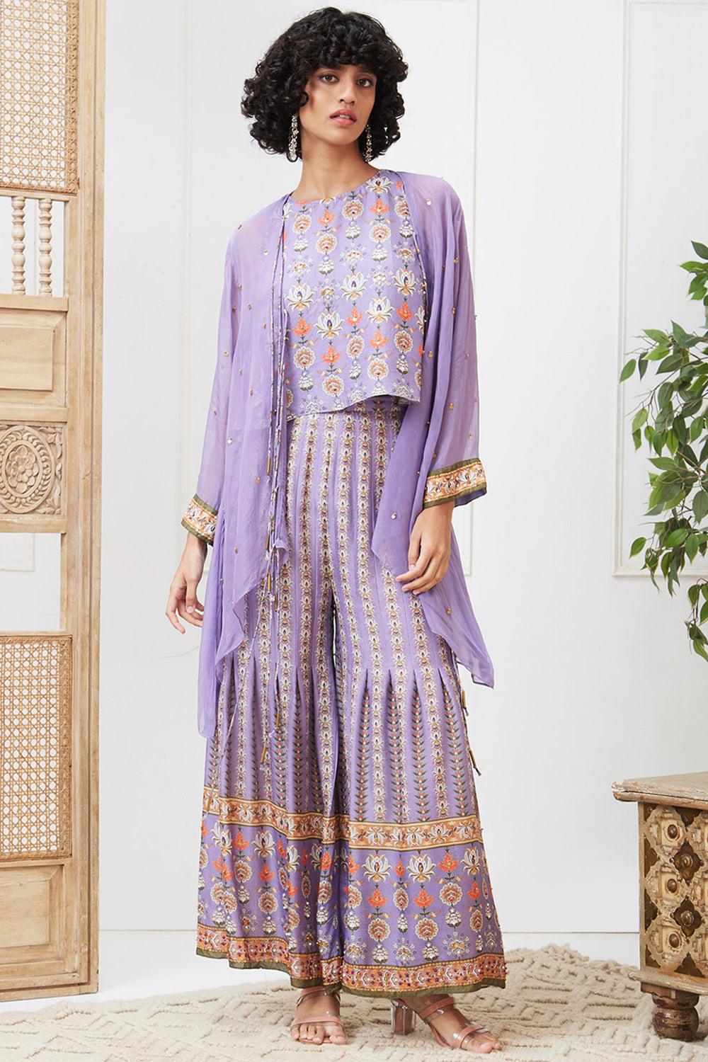Tabriz Embroidered Pleated Pant Set With Jacket