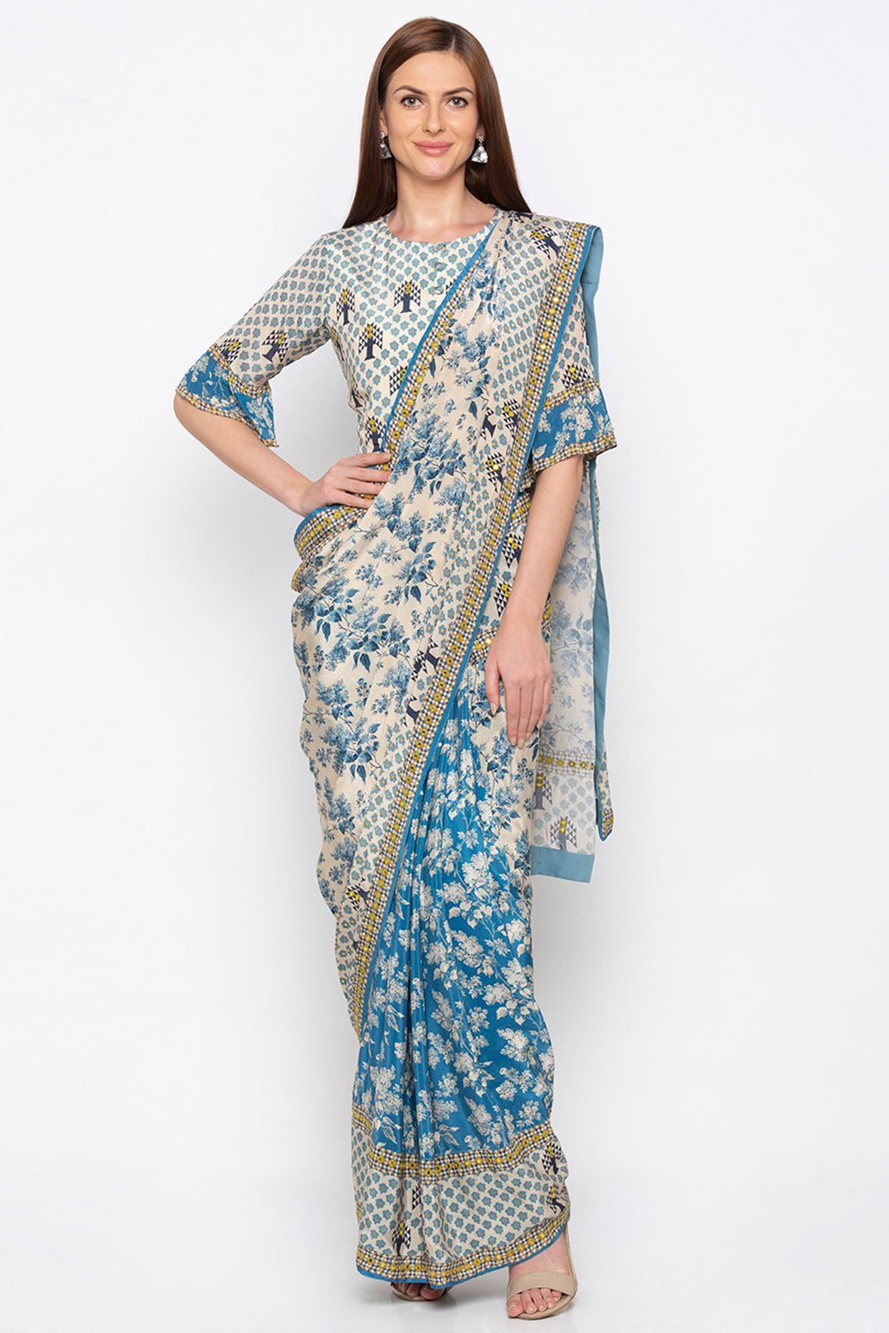 Applique Printed Pre-Stitched Saree With Blouse