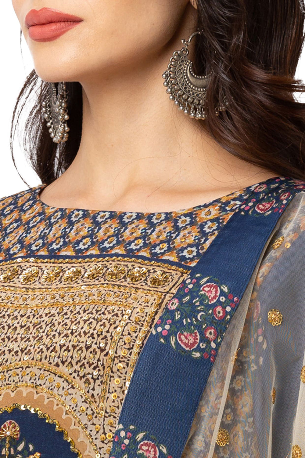 Embroidered Top With Frill With Printed Skirt And Dupatta