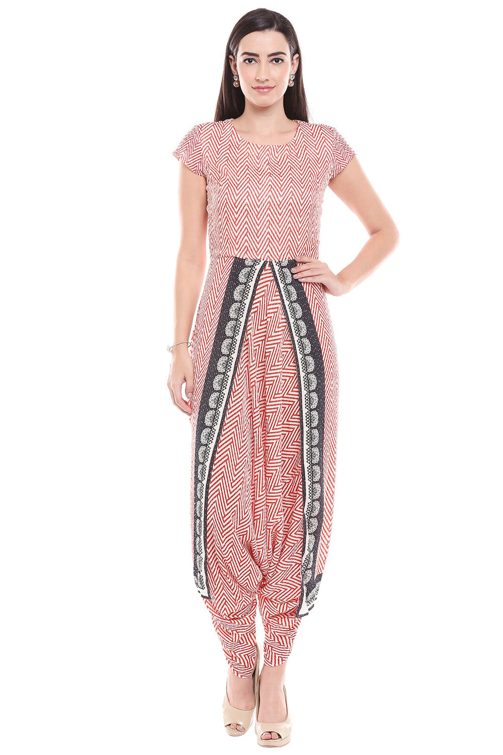 Tropical Printed Cape With Printed Red Dhoti Jumpsuit