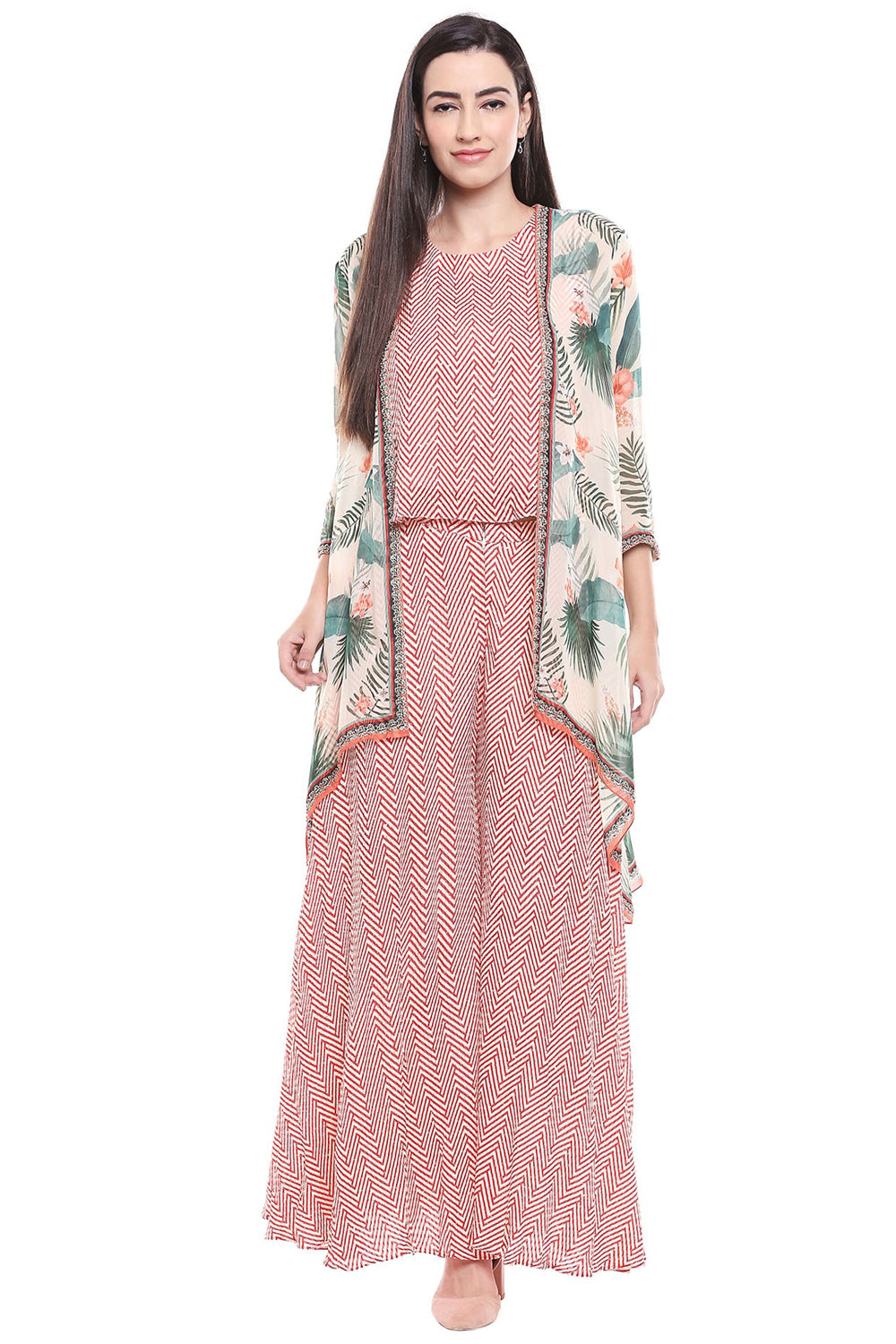 Printed Sequin Palazzo Set With Tropical Printed Jacket