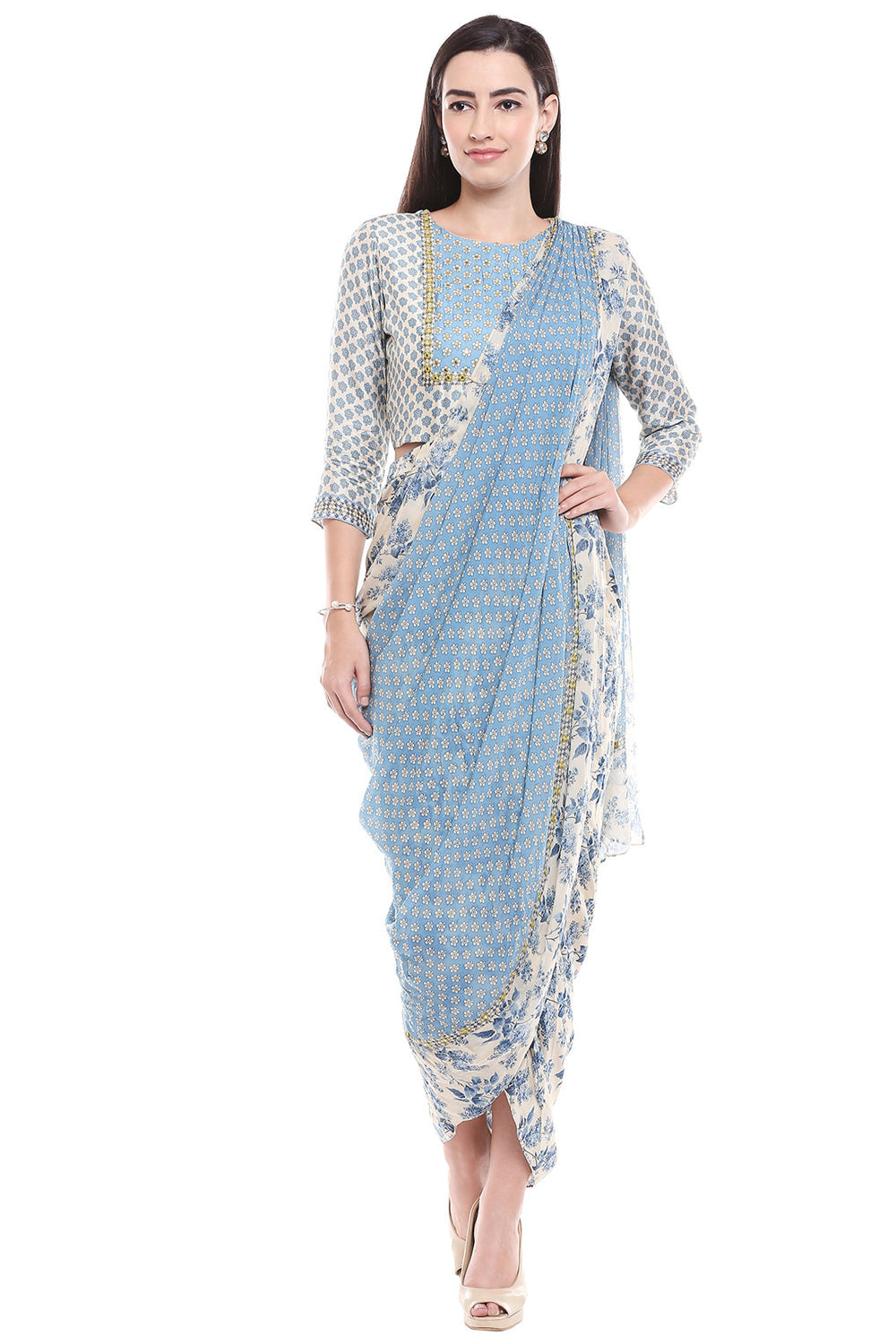 Applique Floral Printed Drape Dress