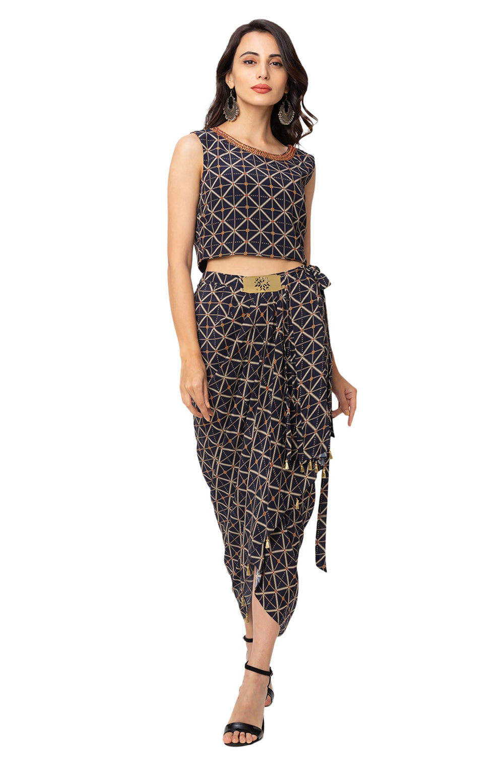 Printed Crop Top With Drape Skirt And Jacket