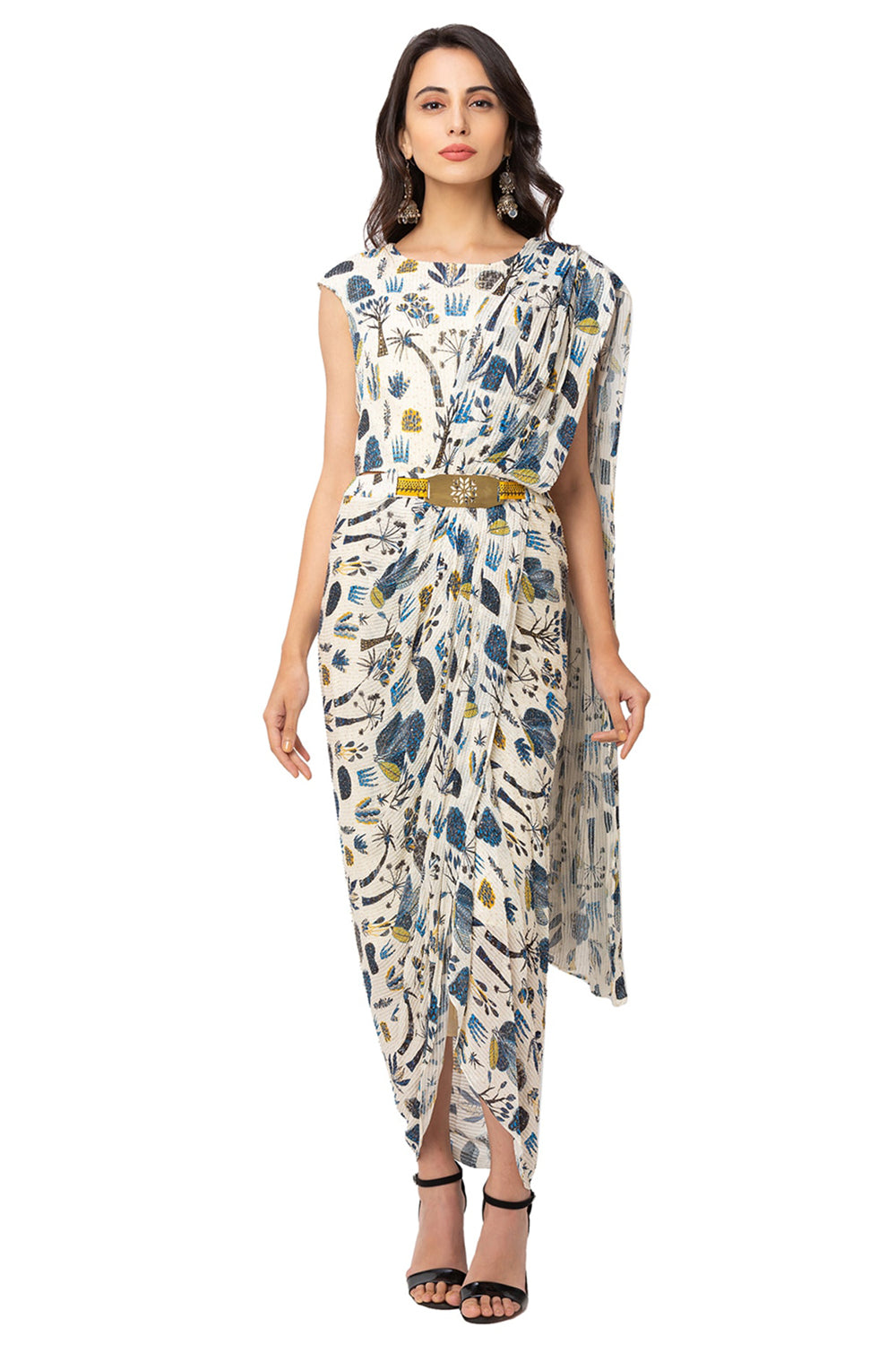 Printed Draped Saree With Belt