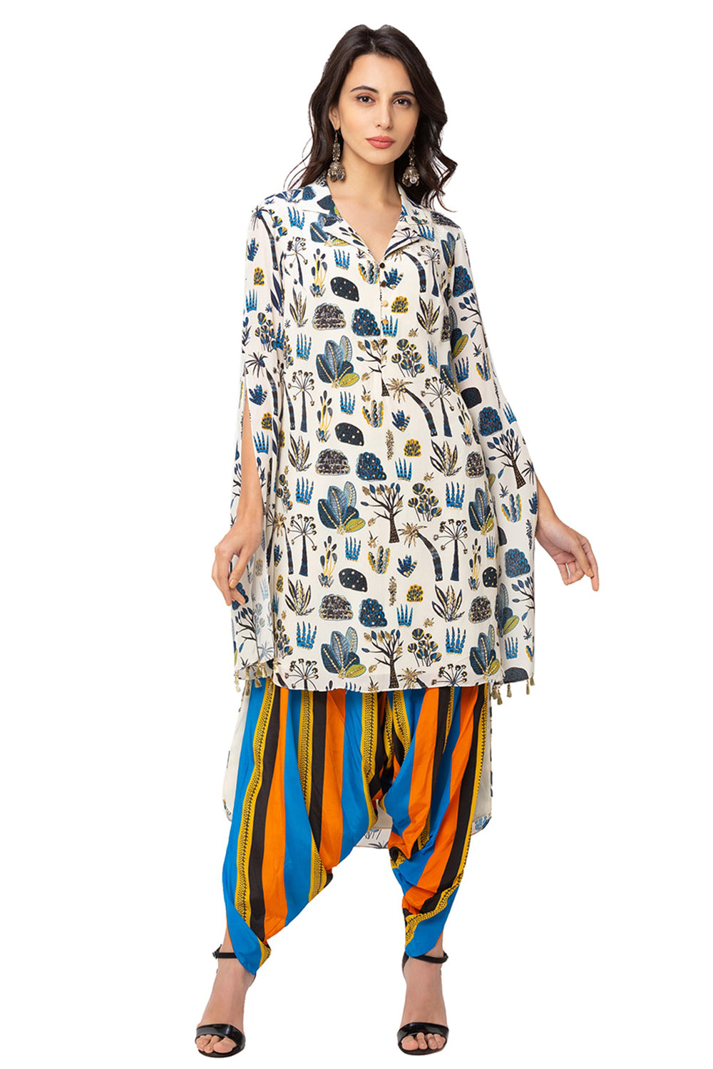 High-Low Printed Tunic With Dhoti Pants