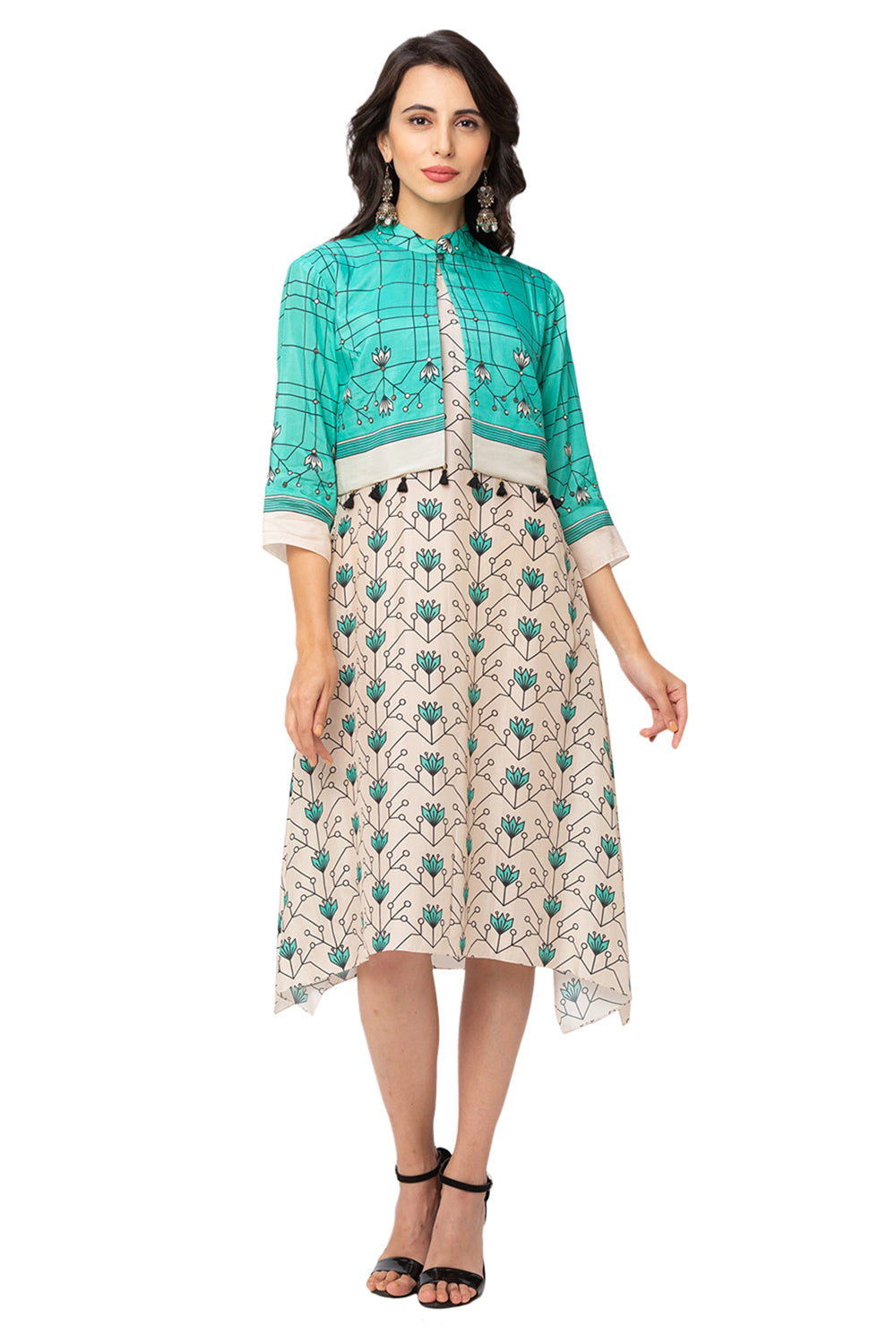 Turquoise Printed Asymmetrical Dress With Jacket