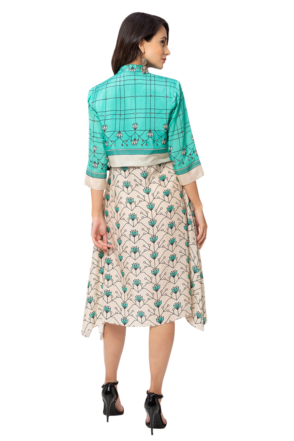 Turquoise Printed Asymmetrical Dress With Jacket