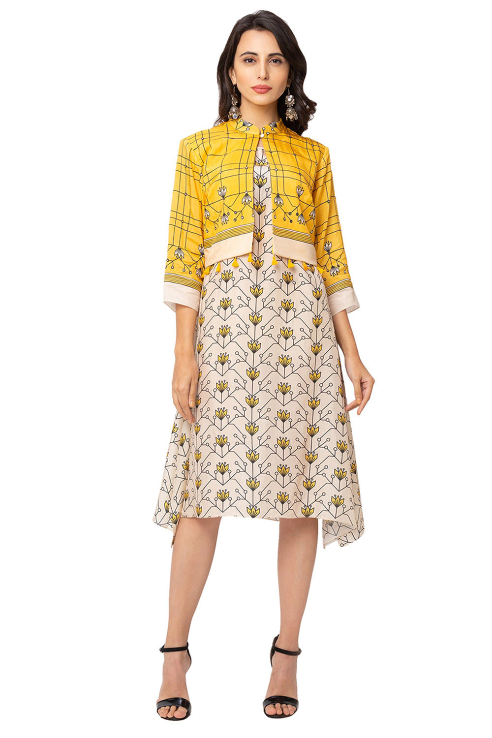 Mustard Asymmetrical Printed Dress With Jacket | Sougat Paul Mustard Asymmetrical Printed Dress With Jacket | Sougat Paul