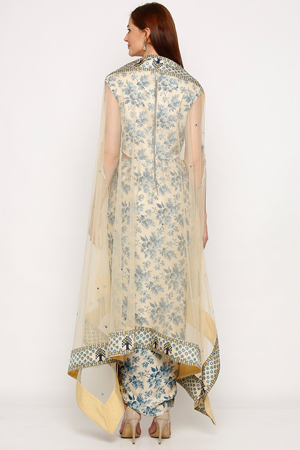 Applique Printed Dress With Cape