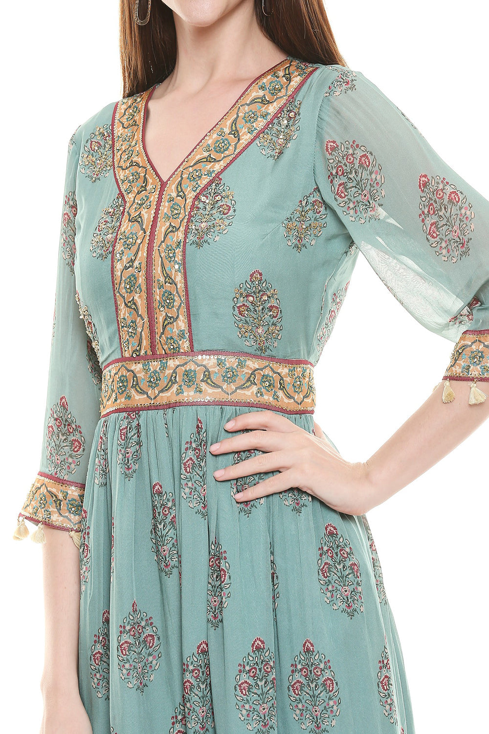Sage Green Printed Flared Jumpsuit With Embroidered Yoke