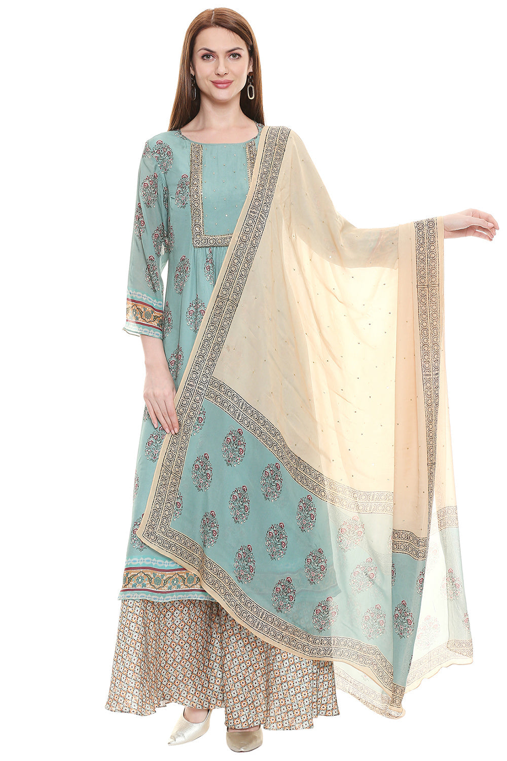 Sage Green Printed Kurta Paired With Palazzo And Dupatta
