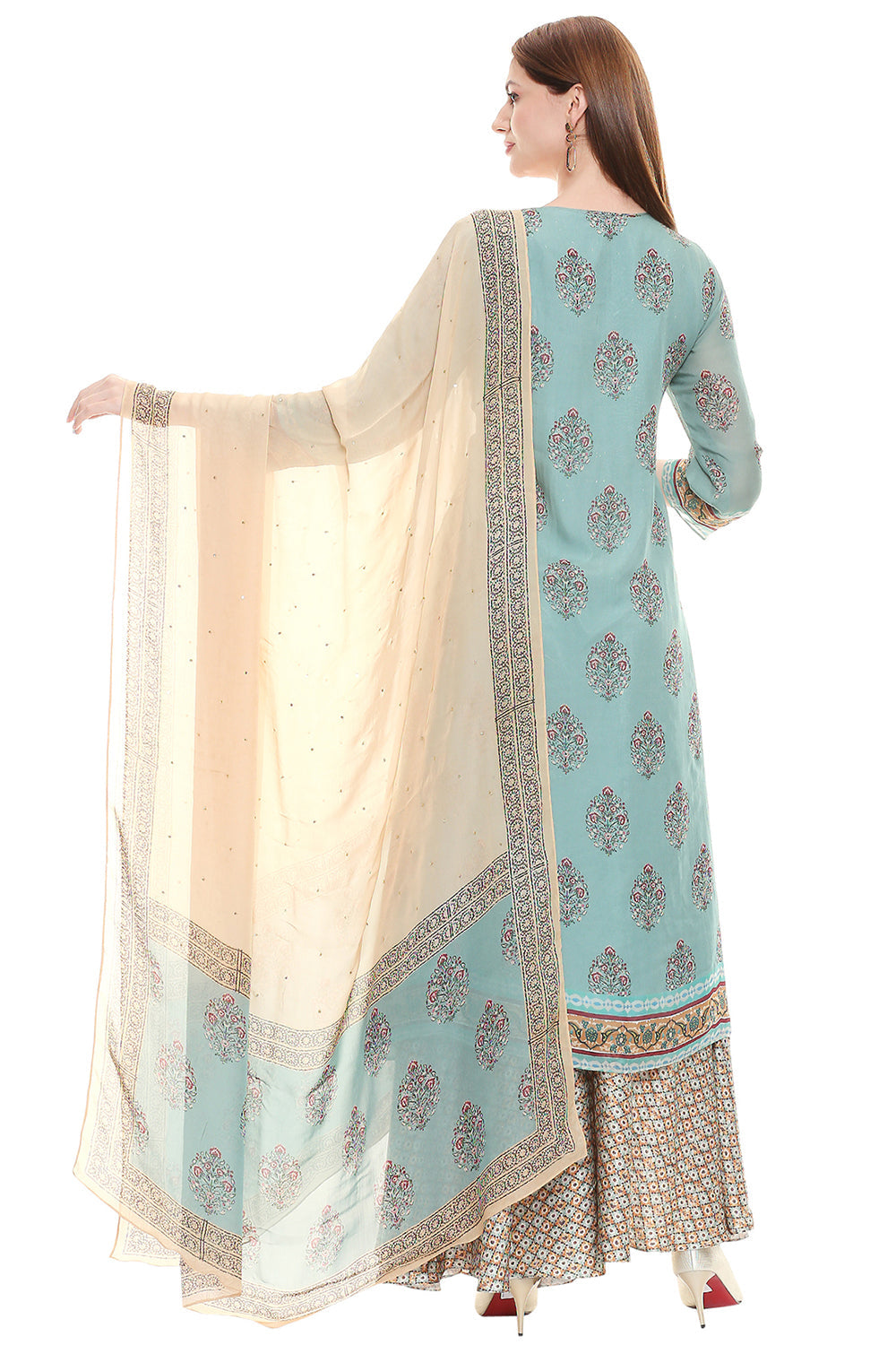 Sage Green Printed Kurta Paired With Palazzo And Dupatta