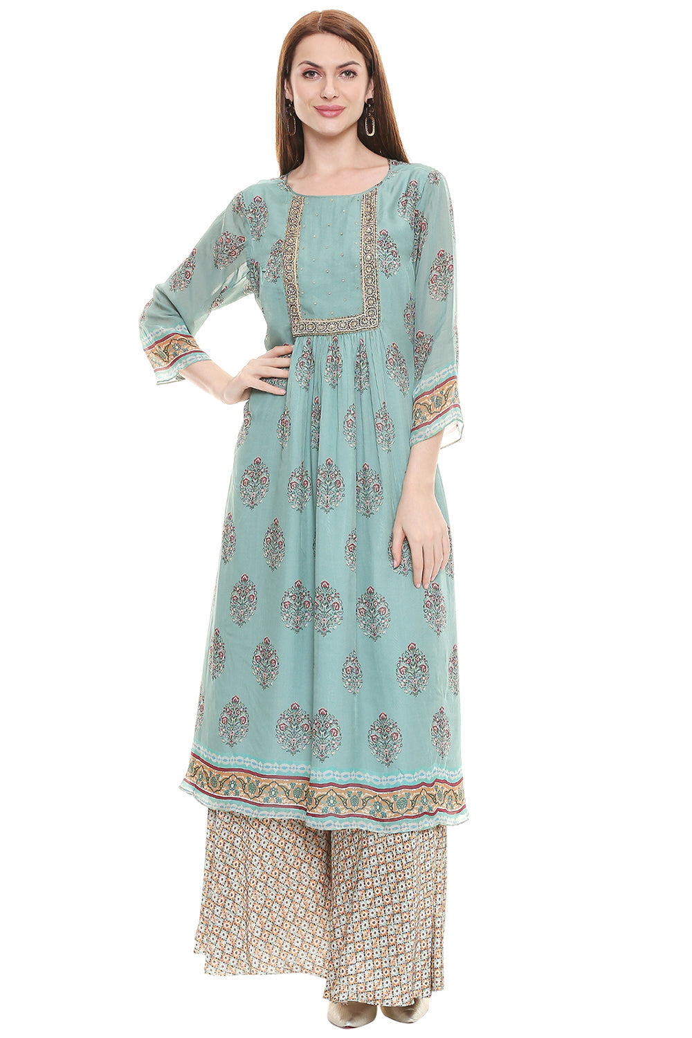 Sage Green Printed Kurta Paired With Palazzo And Dupatta