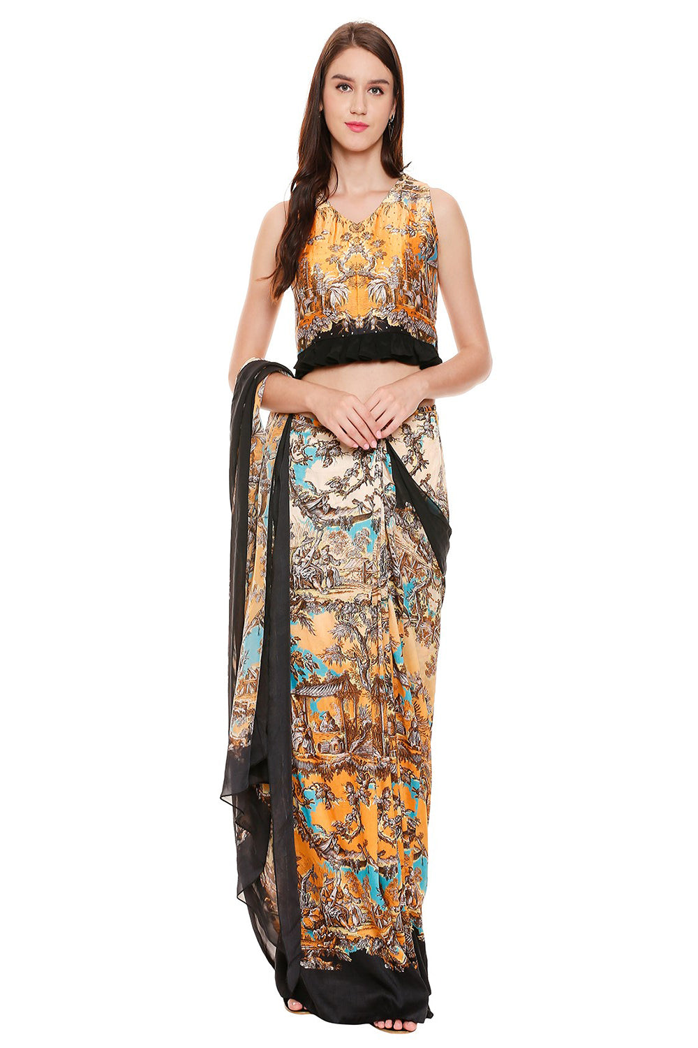 Pre Stitched Saree Paired With Sleeveless Blouse Enhanced With Tassel Detail