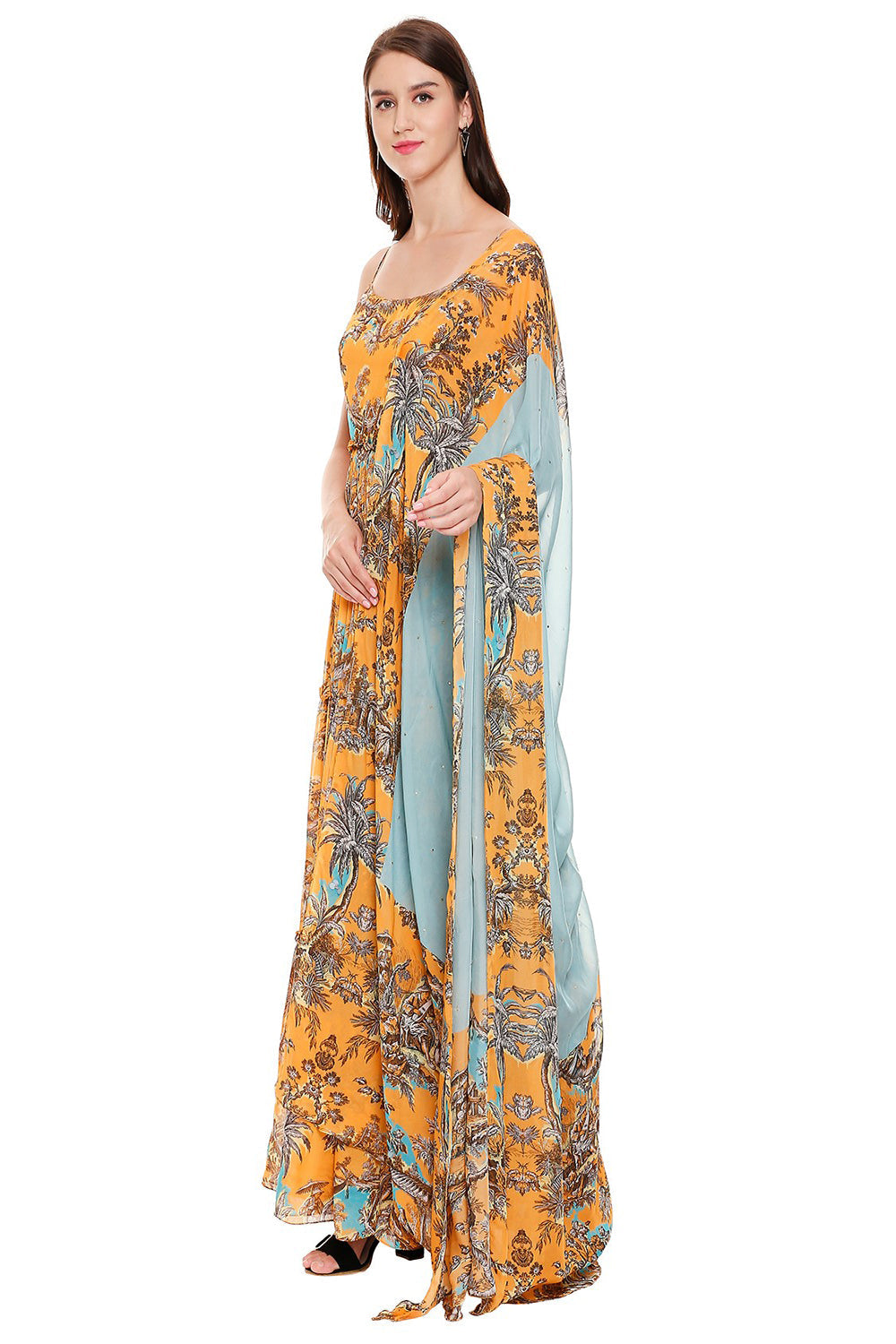 Printed Noodle Strap Long Dress With Dupatta