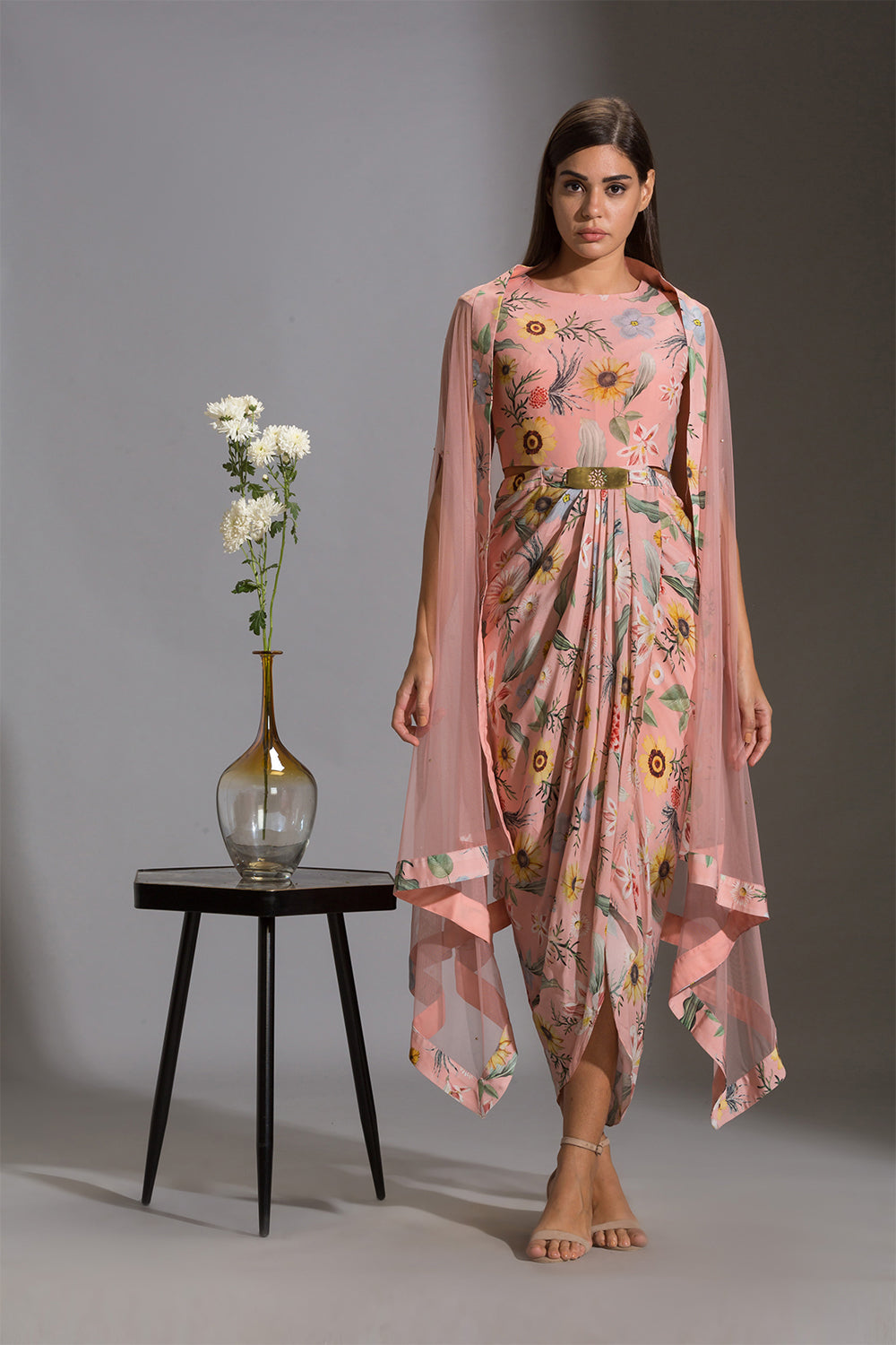 Gulista Floral Drape Dress And Net Cape