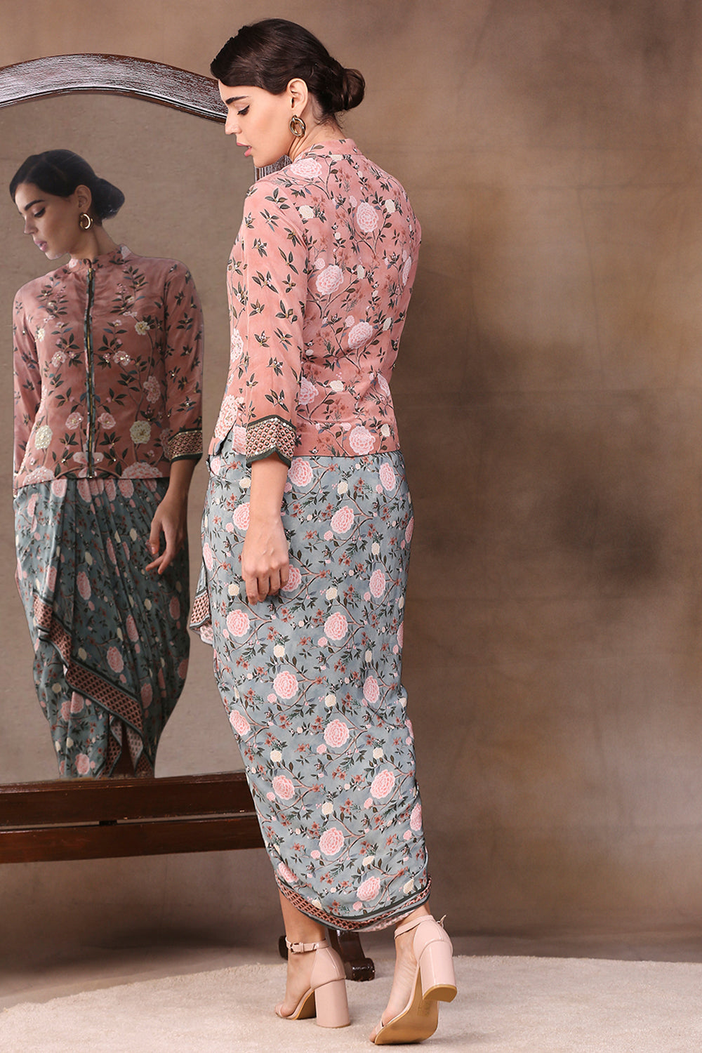 Vintage Trails Printed Drape Skirt With Embroidered Jacket