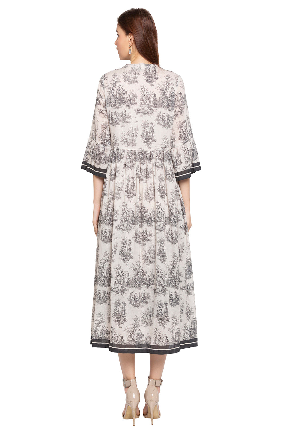 French Toile Printed Sleevesless Dress With Jacket