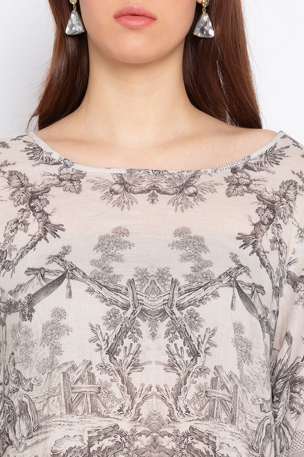 French Toile Printed Asymmetrical Top With Plain Pants