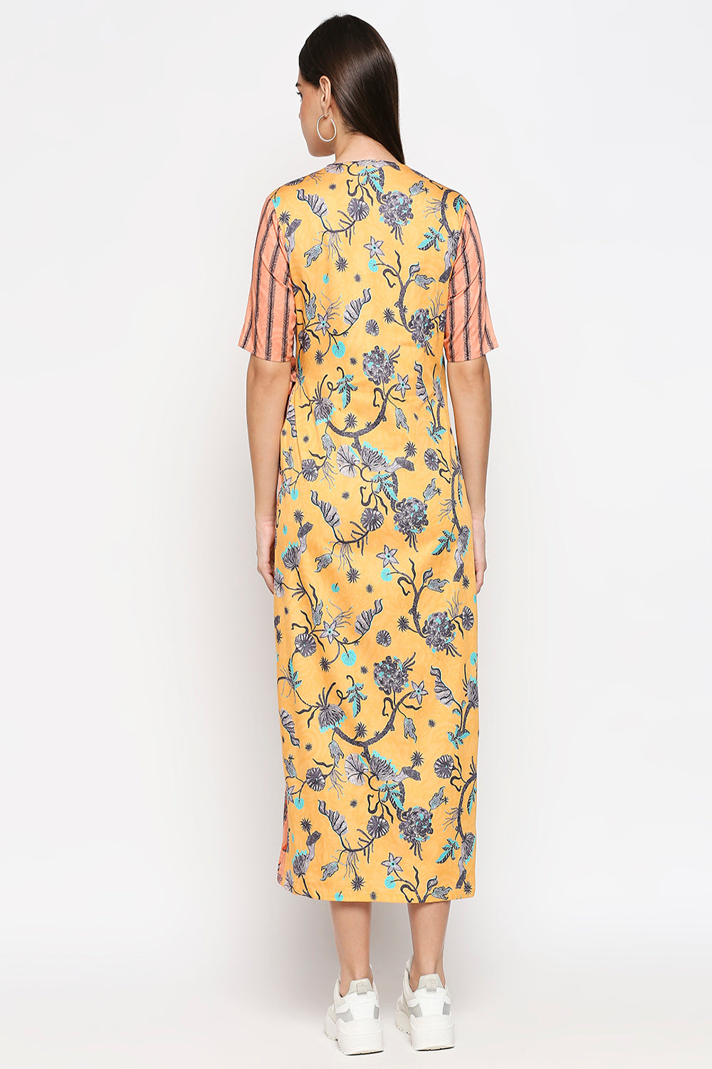 Floral Printed Cotton Twill Overlap Dress With Side Tie Up