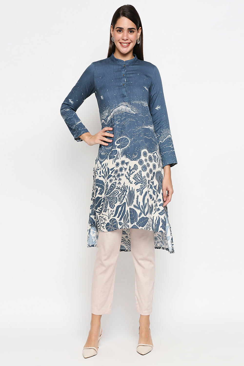 Floral Printed Cotton Twill Top Paired With  Straight Pants