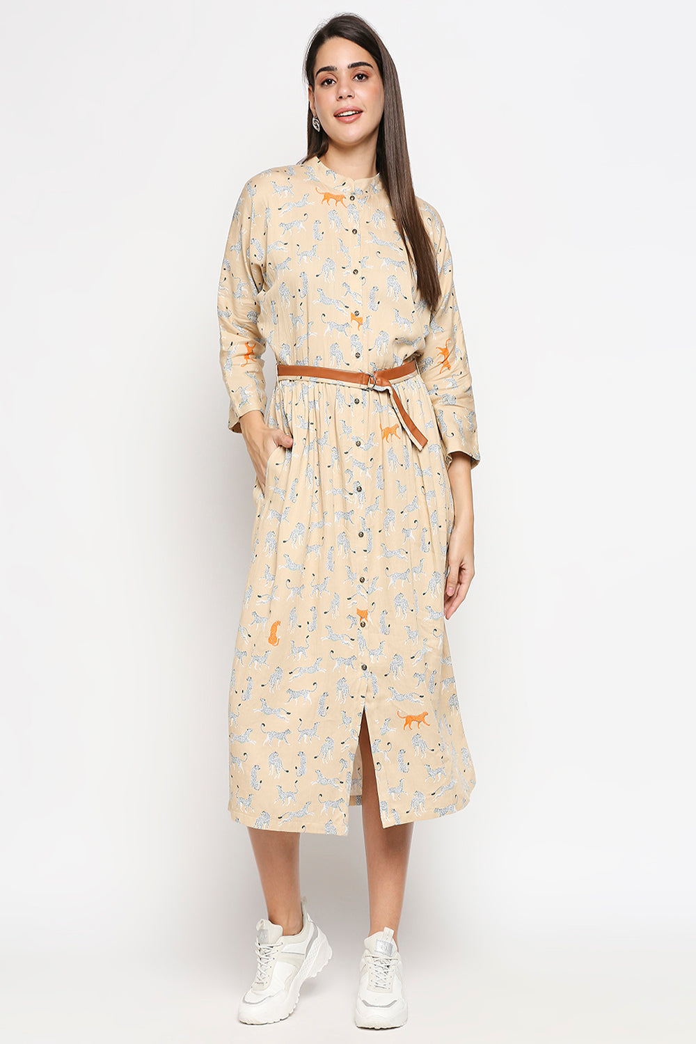 Leopard Printed Cotton Twill Dress With Belt