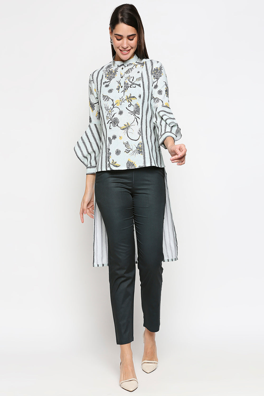 Floral Printed Cotton Twill Asymmetrical Top With Straight Pants