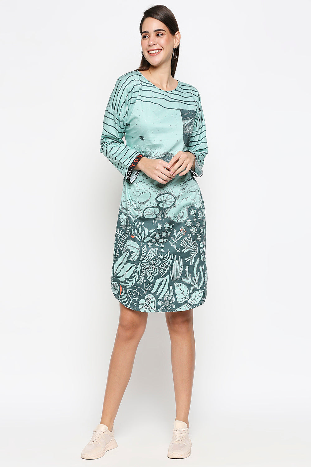 Floral Printed Cotton Twill Shift Dress With Pocket