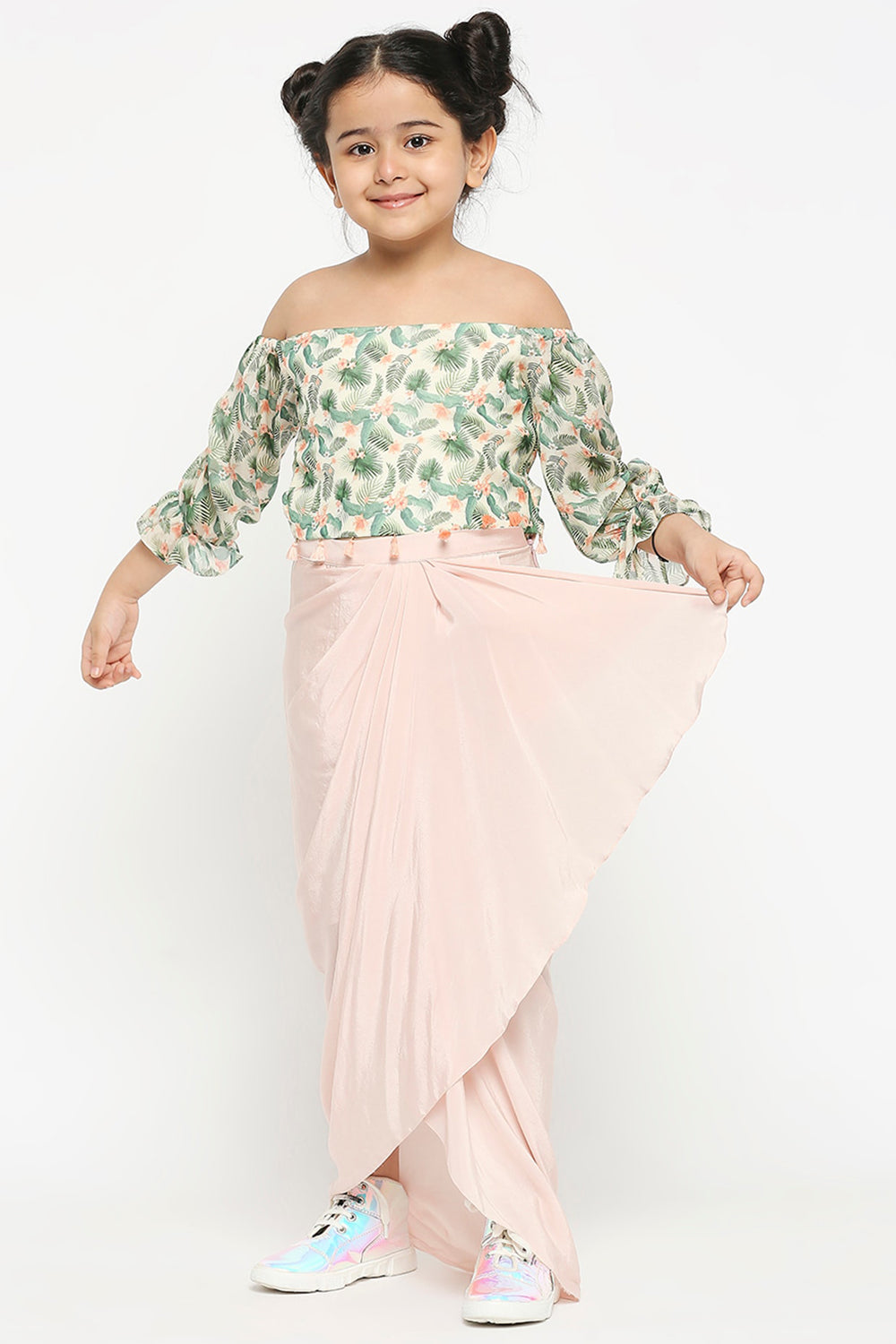 Tropical Off Shoulder Crop Top Paired With Draped Skirt