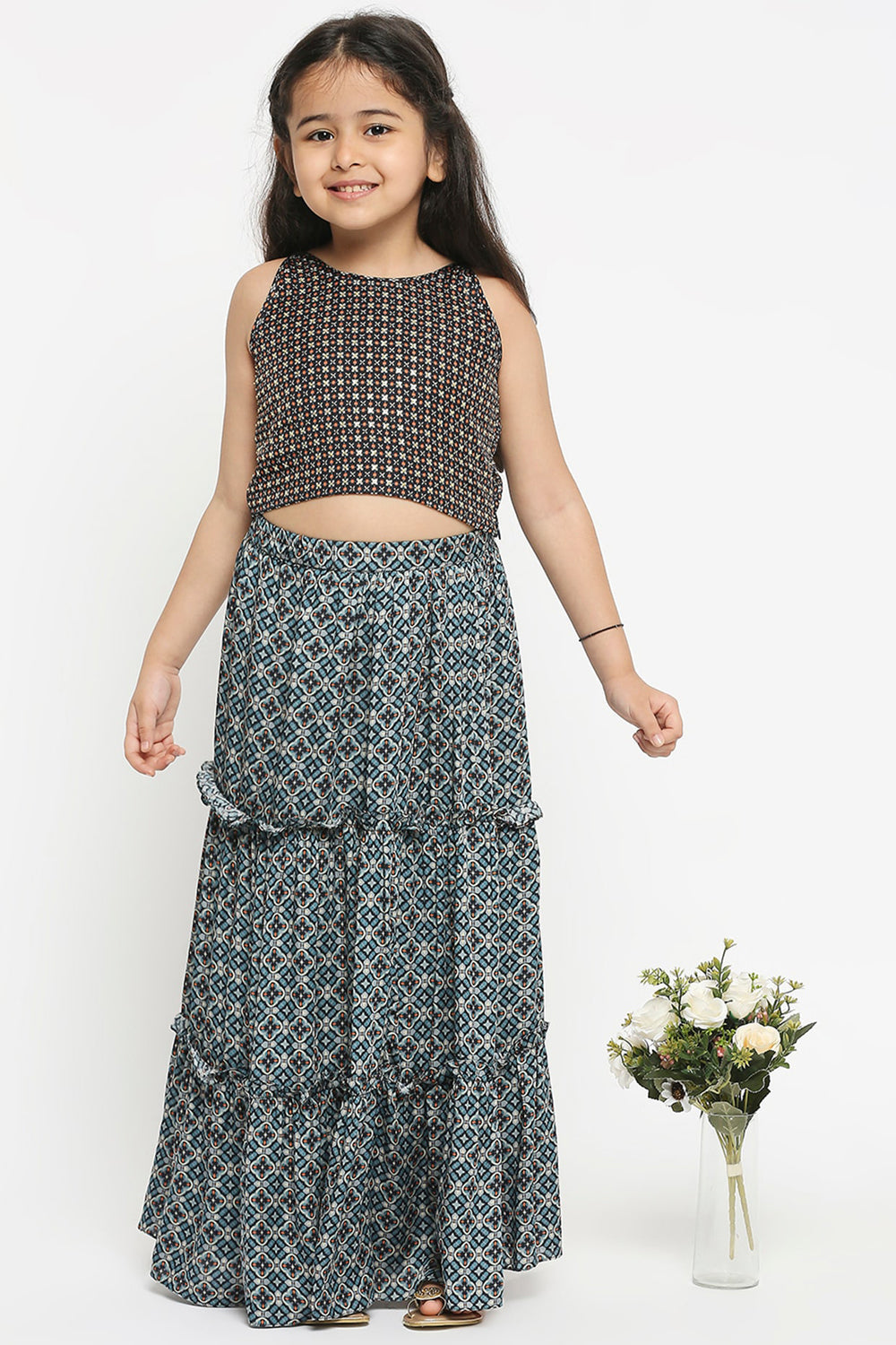 Geomtric Printed Tiered Skirt Paired With A Crop Top