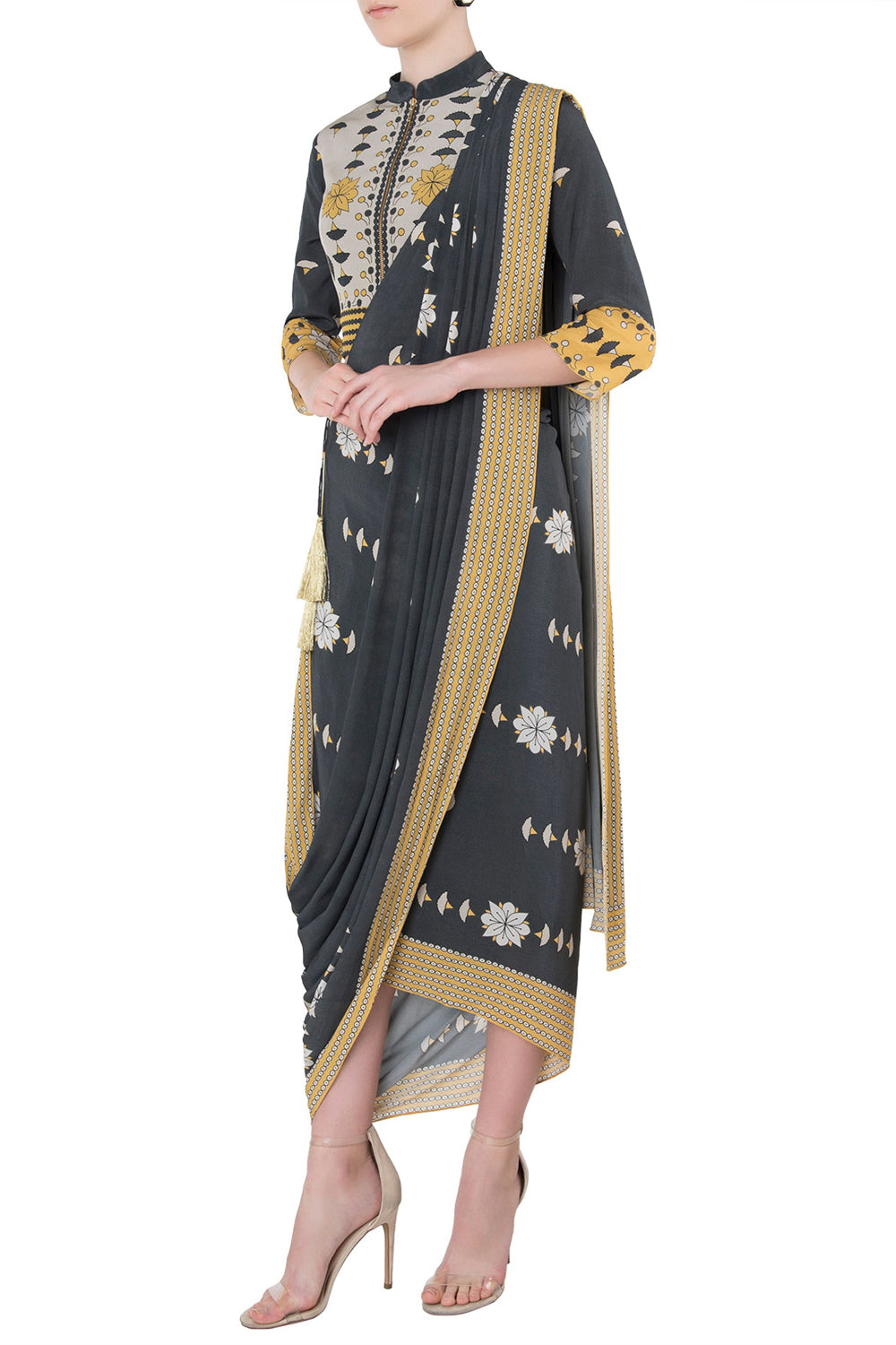 Bagru Printed Pre-Stitched Saree With Top