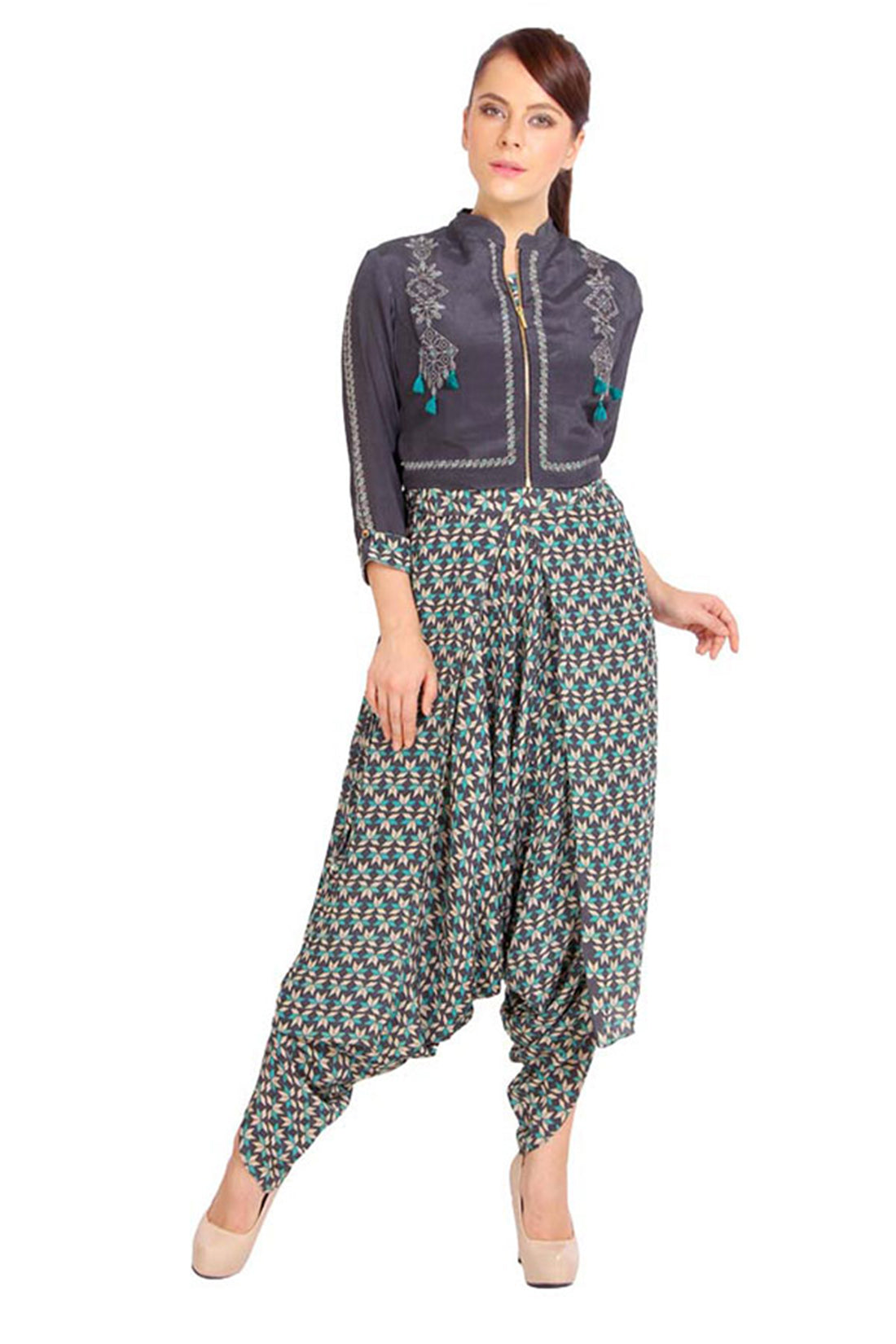 Bullion Flower Printed Jumpsuit With Jacket