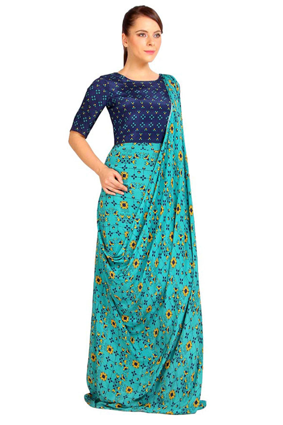 Geo Floral Printed Long Drape Dress