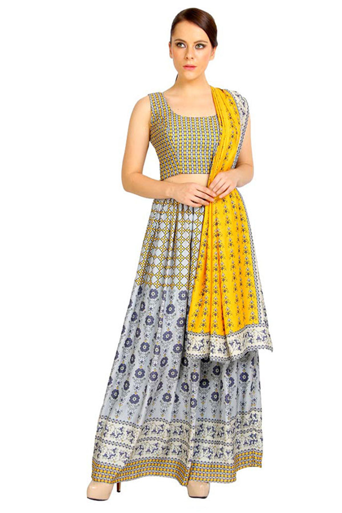 Geo Floral Printed Skirt Set With Dupatta