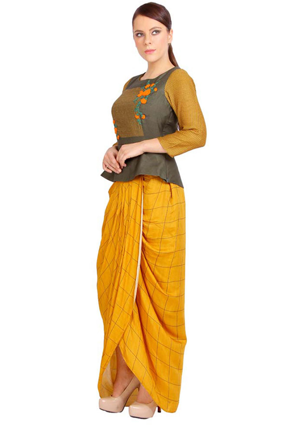 Bullion Flower Printed Drape Skirt With Top