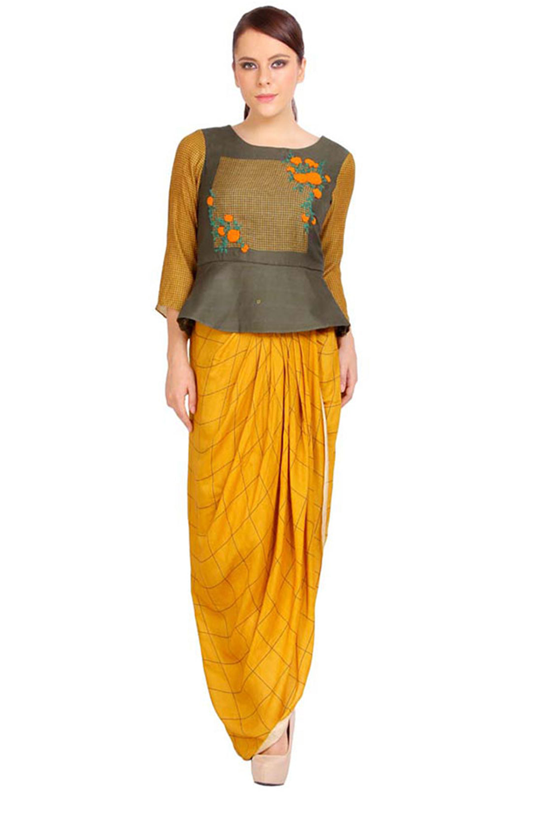 Bullion Flower Printed Drape Skirt With Top
