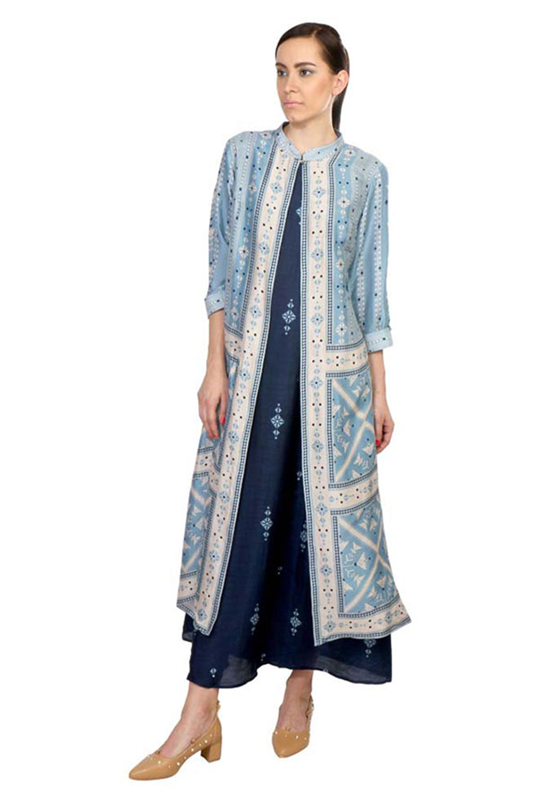 Azulejos Printed Flared Dress With Long Jacket
