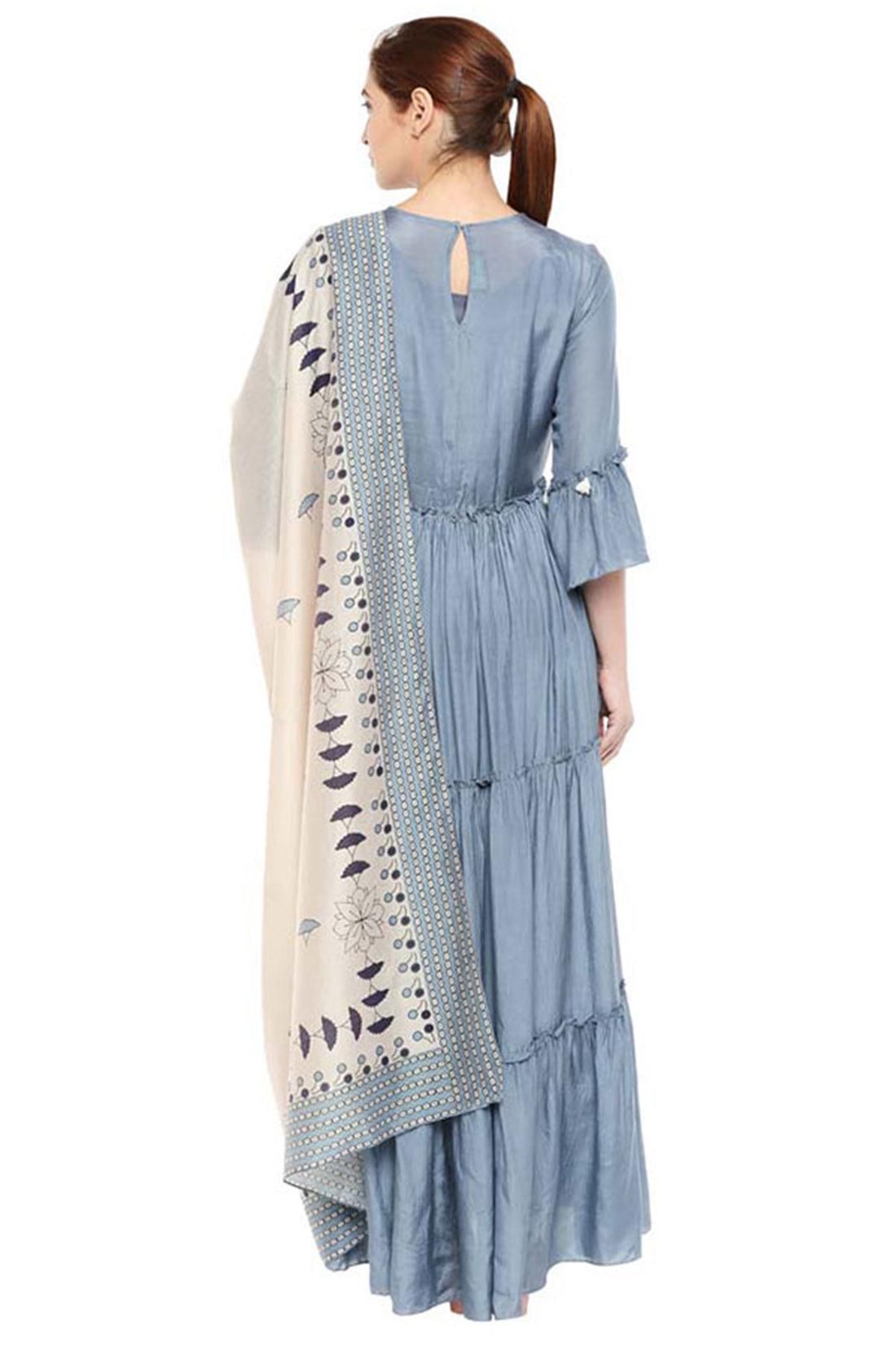Bagru Printed Tiered Dress With Dupatta