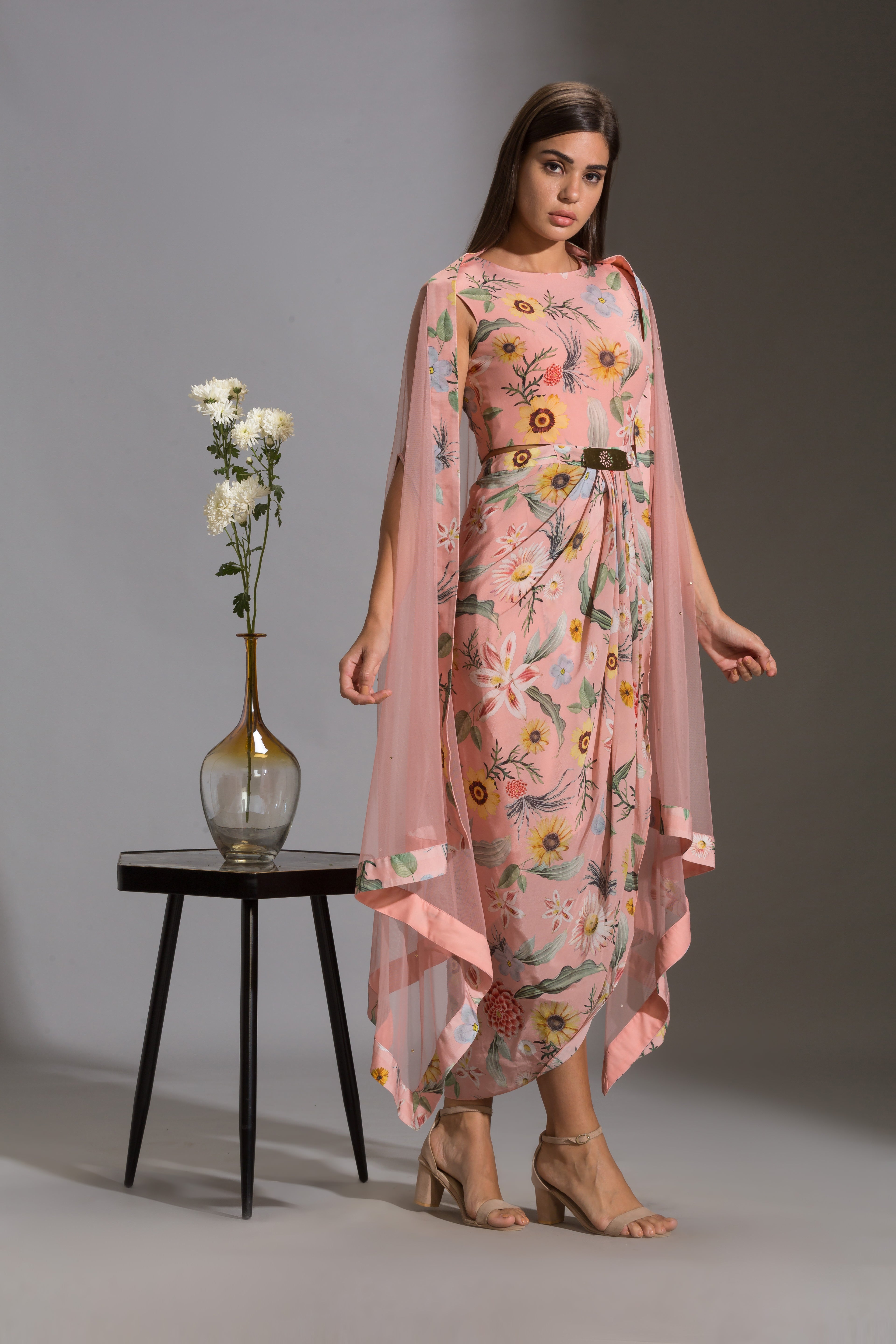 Gulista Floral Drape Dress And Net Cape