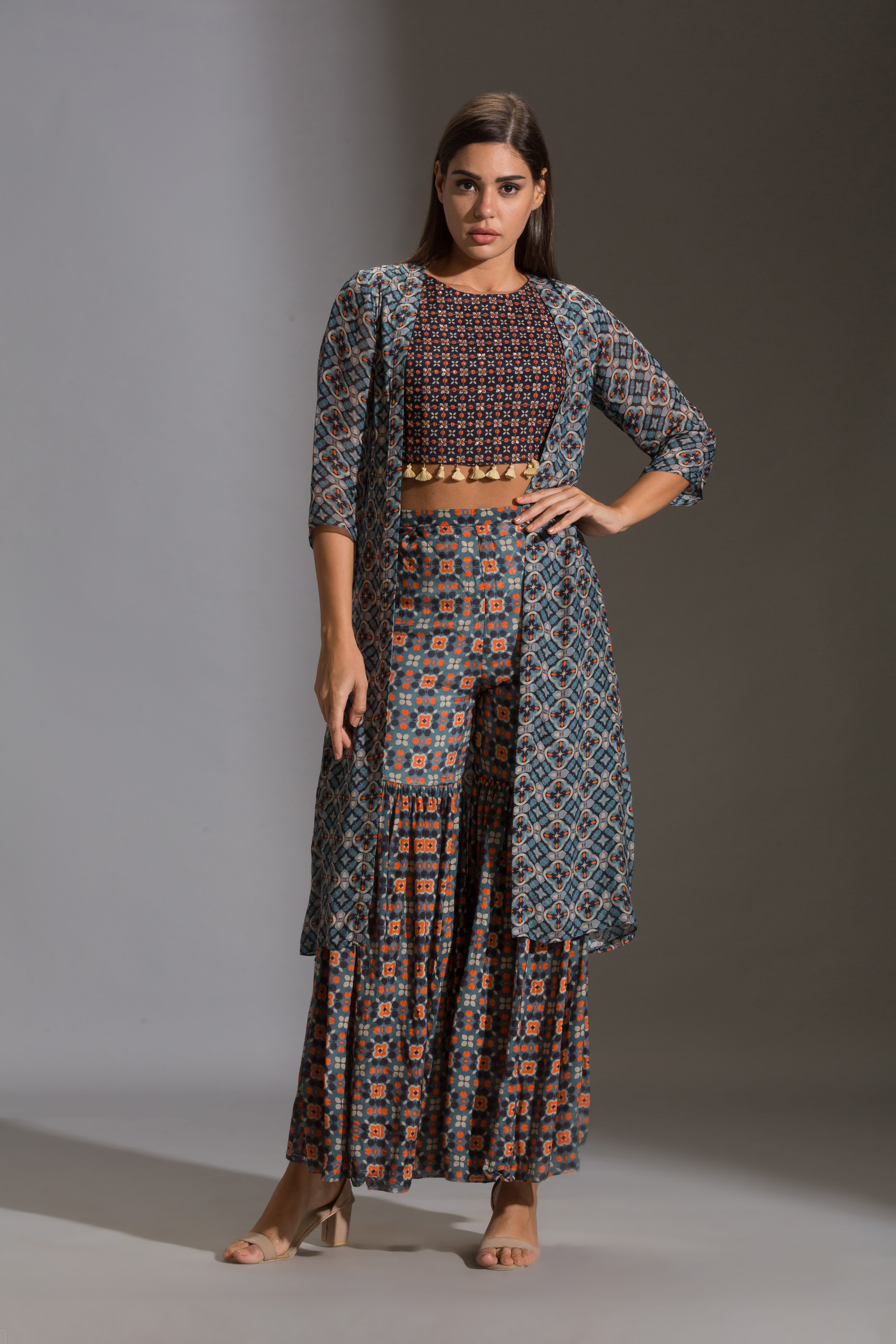 Arabesque Geometrical Printed Sharara With Top And Jacket