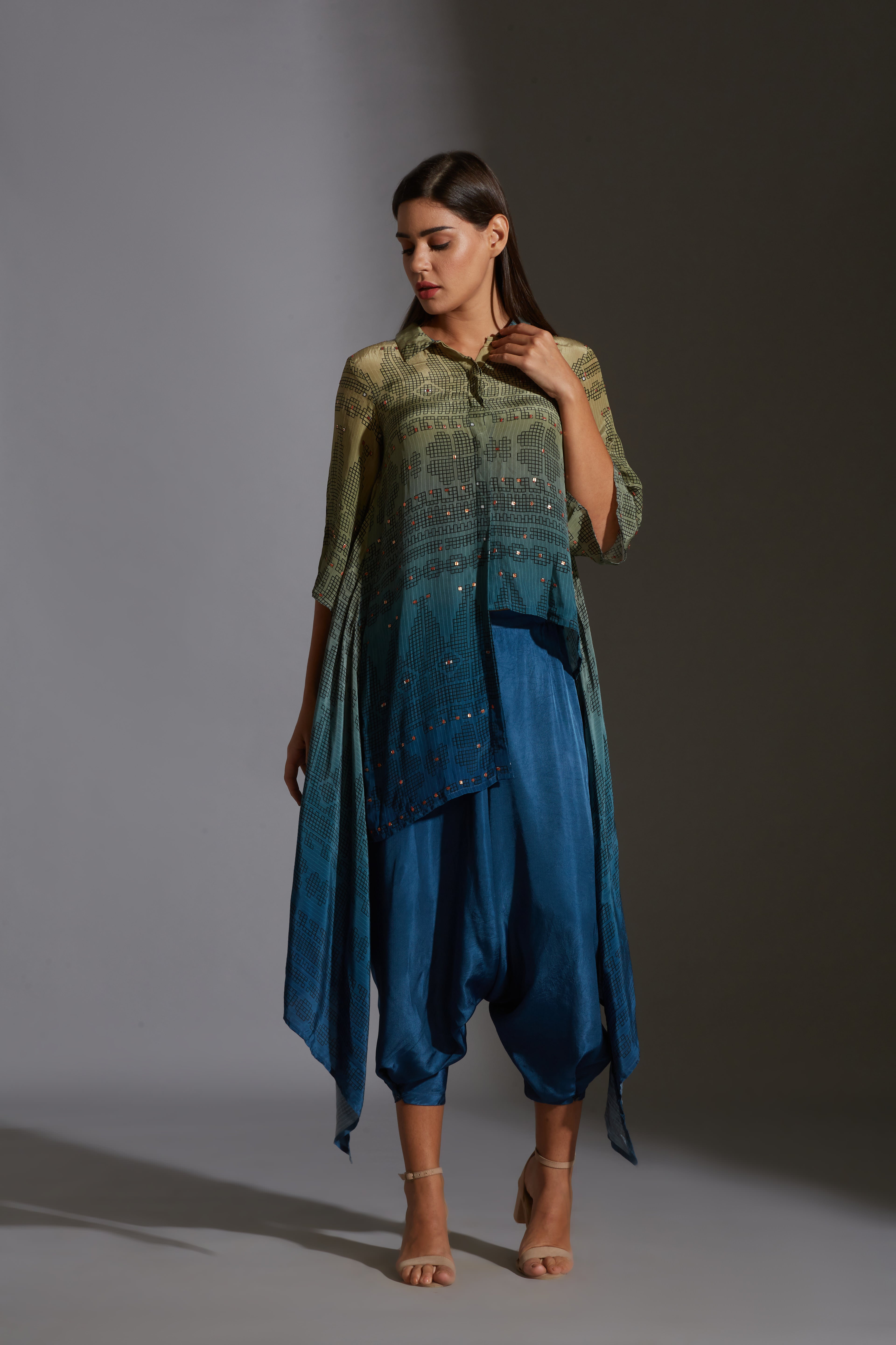 Rangrez Ombre Asymmetrical Top And Dhoti