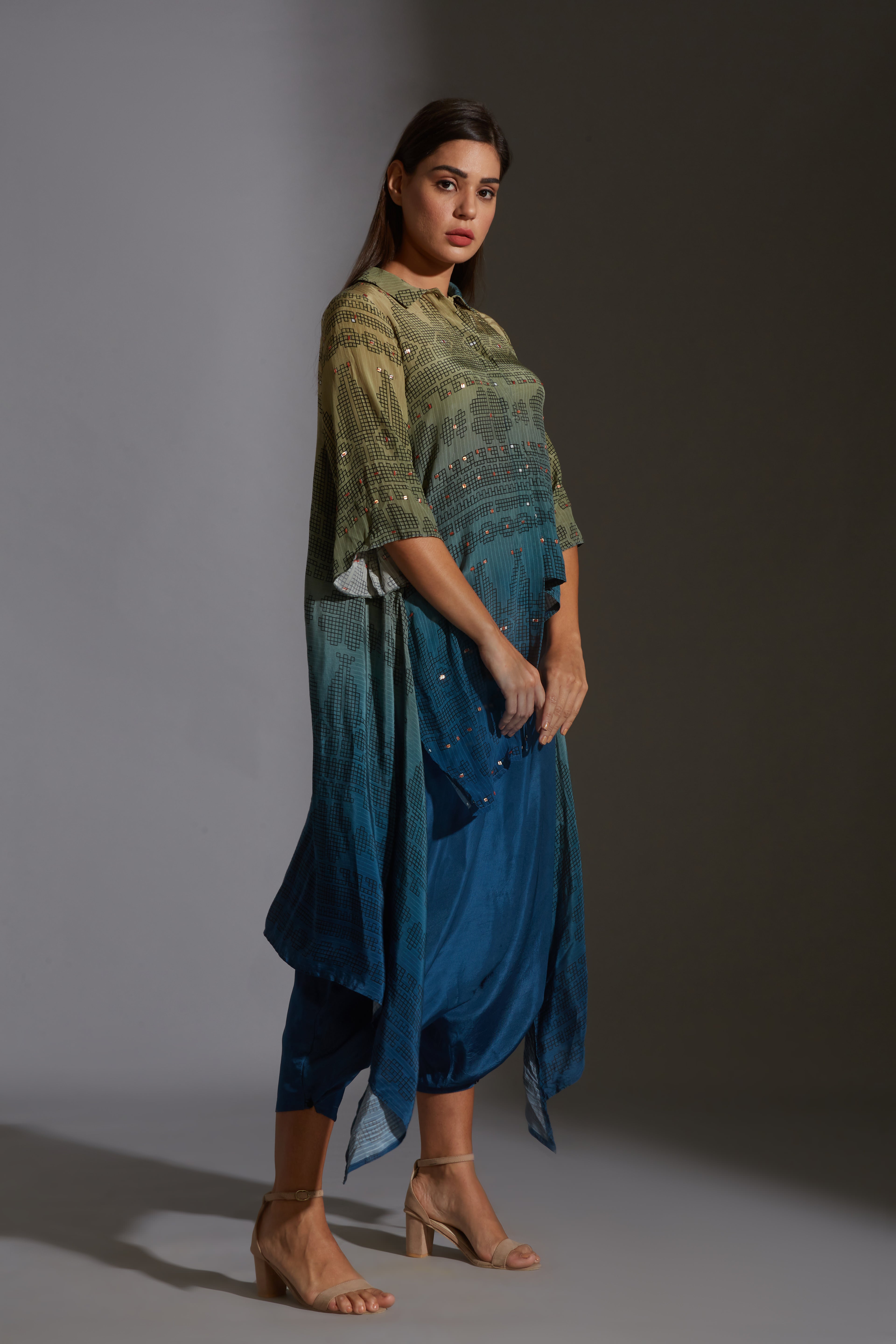 Rangrez Ombre Asymmetrical Top And Dhoti