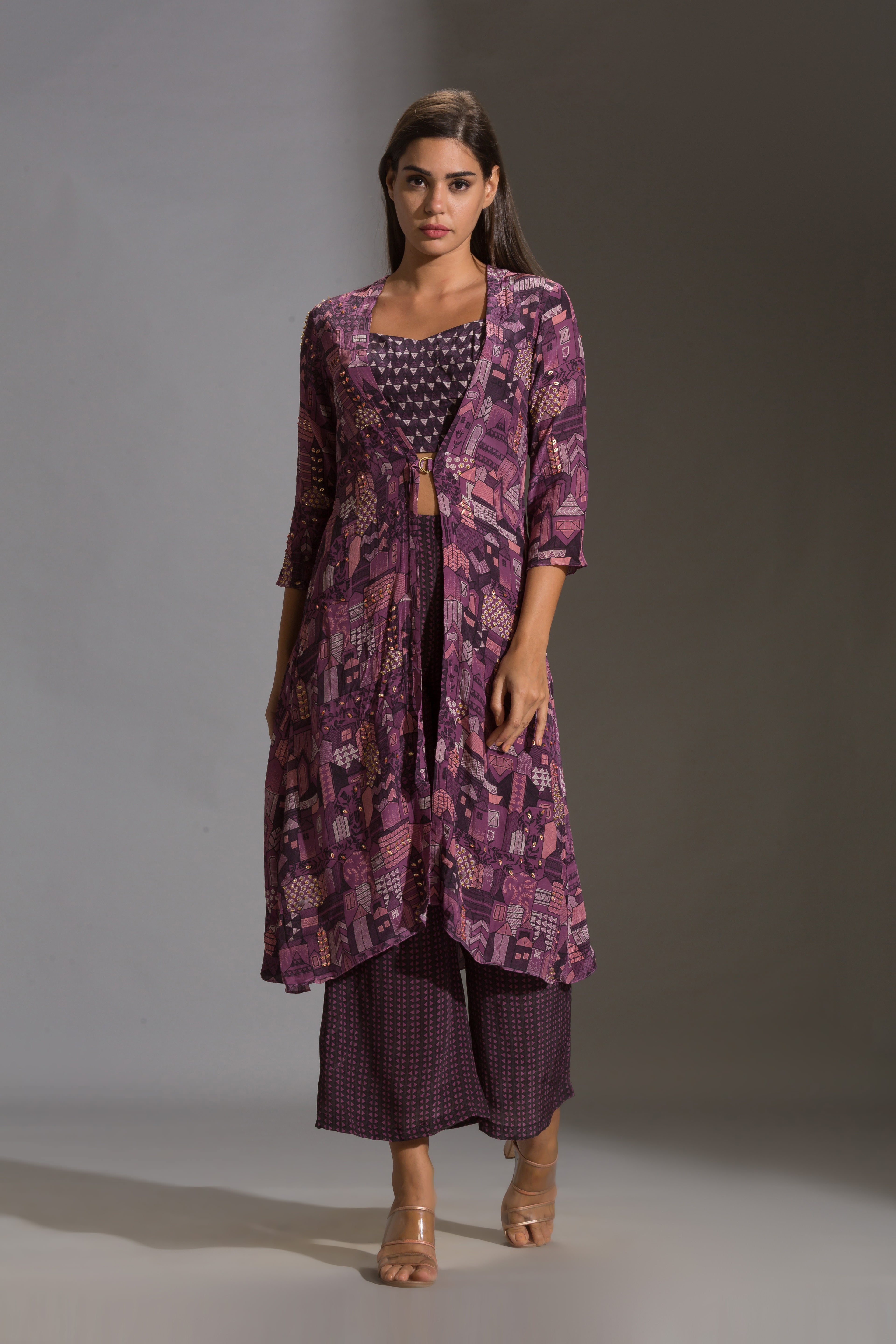 Maskan Printed Jacket With Crop Top And Pants