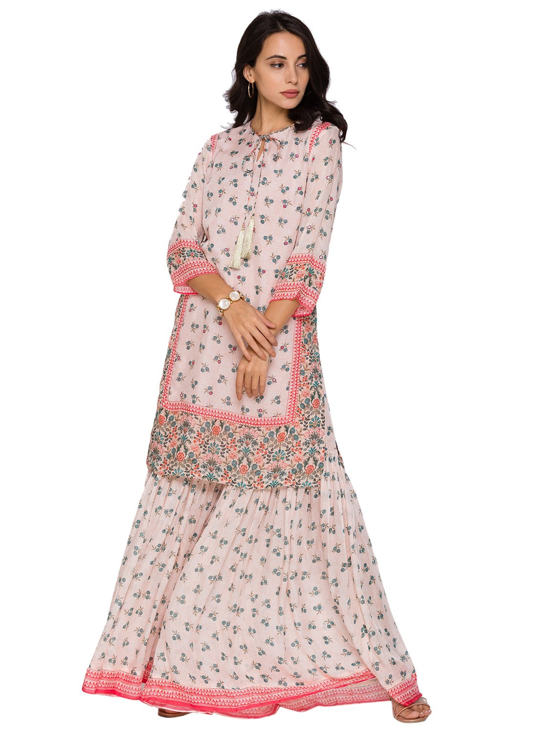 Eden Printed Kurta With Neck Tie Up Paired With Sharara Pants Embellished With Pearls