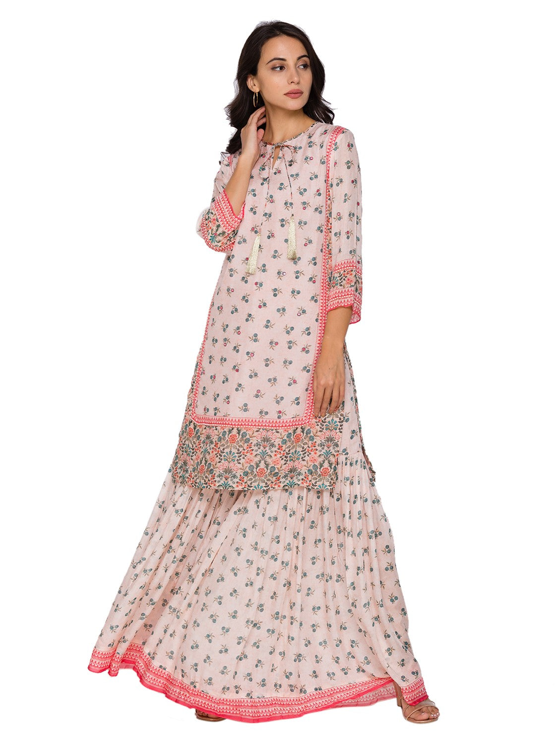 Eden Printed Kurta With Neck Tie Up Paired With Sharara Pants Embellished With Pearls