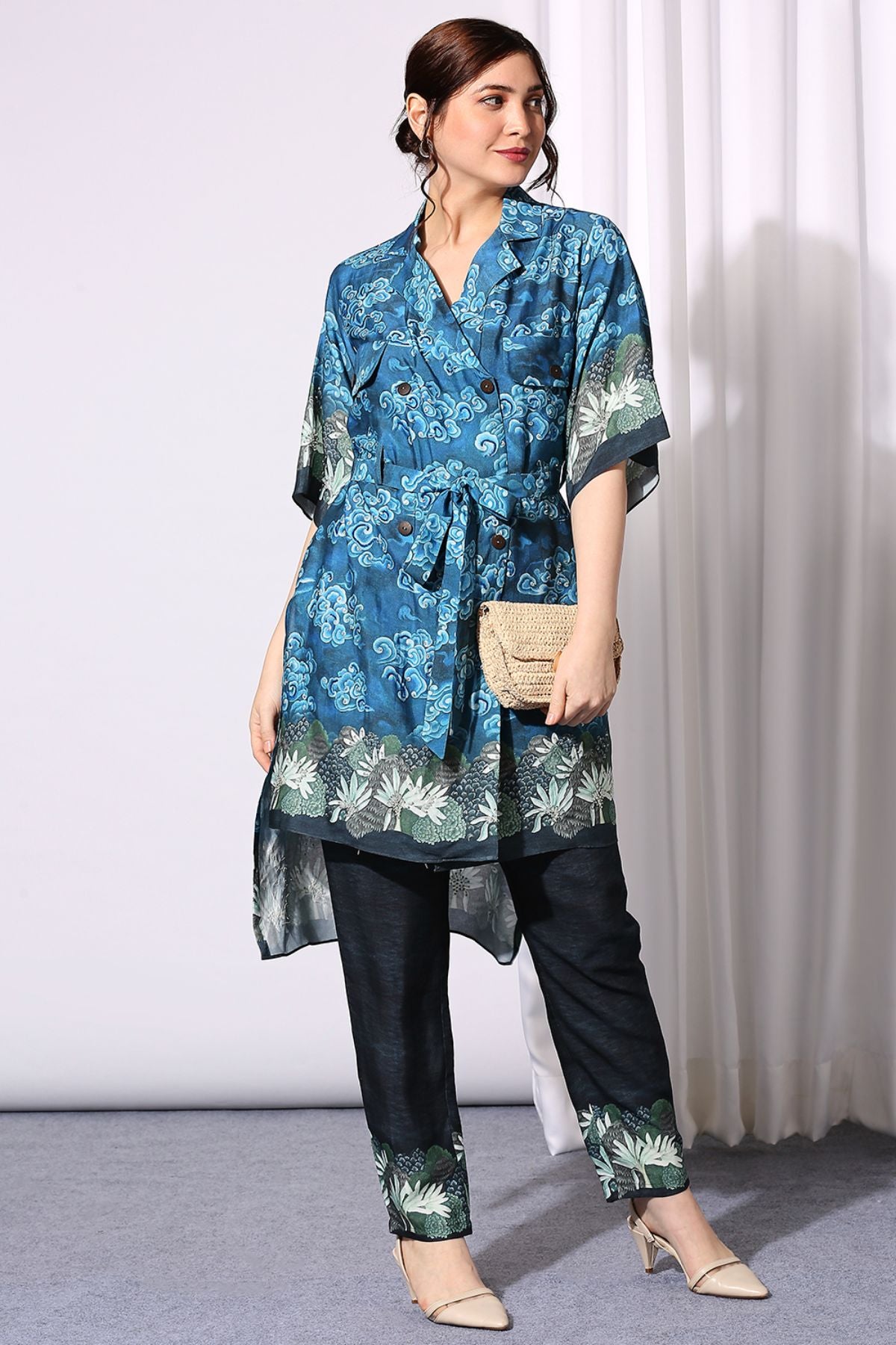 Conversational Printed Overlap Dress With Belt Paired With Printed Pants