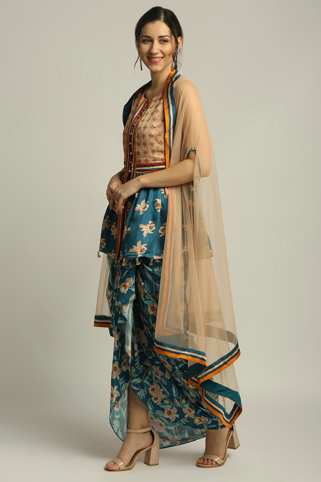 Orchid Bloom Printed Skirt Set With Cape